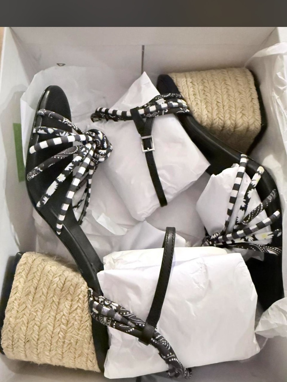 Saks5thAve Black Espadrille Wedge Sandals with Striped Tie Detail NWB